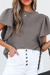 Textured Round Neck Flounce Sleeve Blouse Gum Leaf OutfitFlow