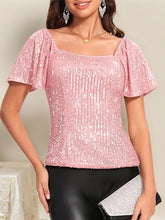 Square Neck Sequin Short Sleeve Blouse Pink OutfitFlow
