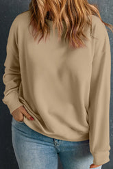 Plus Size Round Neck Long Sleeve Sweatshirt Camel OutfitFlow