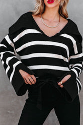 Striped Johnny Collar Long Sleeve Sweater Black OutfitFlow