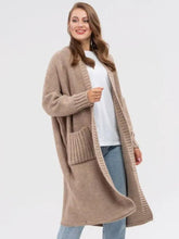 Pocketed Open Front Long Sleeve Longline Cardigan Khaki One Size OutfitFlow