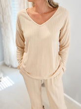 V-Neck Long Sleeve Top and Pants Set Tan OutfitFlow