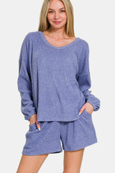 Zenana V-Neck Long Sleeve Ribbed Top and Shorts Set Blue Purple OutfitFlow
