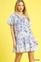 Umgee Floral Ruffled Puff Sleeve Mini Dress BLUE MIX OutfitFlow
