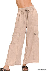 Zenana Washed Linen Elastic Band Waist Cargo Pants ASH MOCHA OutfitFlow