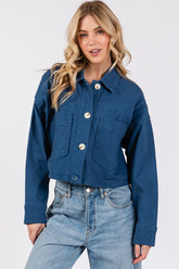 bytos Button Down Cropped Denim Jacket with Patch Pockets Peacock Blue OutfitFlow