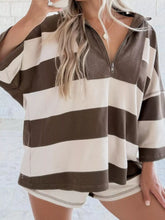 Striped Quarter-Zip Long Sleeve Sweatshirt Chocolate OutfitFlow