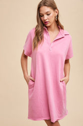 Annie Wear Mineral Washed Johnny Collar Short Sleeve Dress Fuchsia Pink OutfitFlow