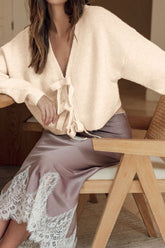 Bowknot Front V Neck Long Sleeve Cardigan Ivory OutfitFlow