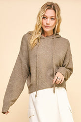 Davi & Dani Drop Shoulder Long Sleeve Hooded Sweater Camel OutfitFlow