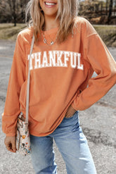 THANKFUL Round Neck Long Sleeve Sweatshirt Sherbet OutfitFlow