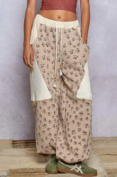POL Drawstring Quilted Printed Knit Floral Pants with Double Gauze Patchwork TAN FLORAL OutfitFlow
