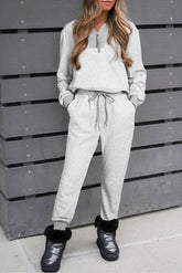 Quarter Zip Long Sleeve Top and Drawstring Pants Set Light Gray OutfitFlow
