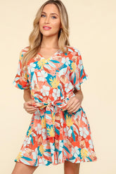 Haptics Tropical Floral Short Sleeve Tied Romper Coral Teal Light Blue OutfitFlow
