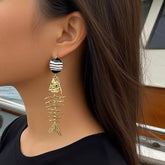 Striped Fishbone Drop Earrings Gold One Size OutfitFlow