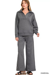Zenana Scuba Collared Pullover and Pants Set CHARCOAL OutfitFlow