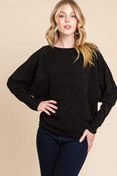 BOMBOM Drop Shoulder Long Sleeve Knit Top Black OutfitFlow