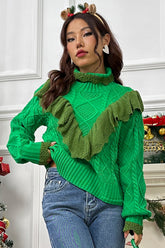 Cable-Knit Ruffled Mock Neck Lantern Sleeve Sweater Mid Green OutfitFlow