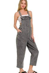 Zenana Washed Knot Strap Relaxed Fit Overalls ASH BLACK OutfitFlow