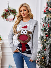 Reindeer Round Neck Long Sleeve Sweater Light Gray OutfitFlow