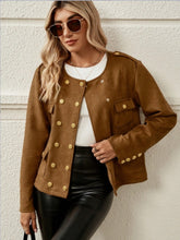 Snap Down Round Neck Jacket Brown OutfitFlow