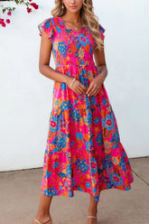 Boho Floral V Neck Ruffle Tiered Dress Hot Pink OutfitFlow