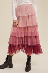 Elastic Waist Layered Tulle Midi Skirt Dusty Pink OutfitFlow