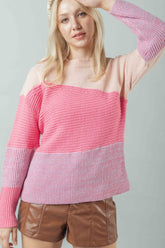 VERY J Color Block Long Sleeve Sweater PINK OutfitFlow