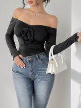 Perfee Ruched Flower Off-Shoulder Long Sleeve Bodysuit Black OutfitFlow