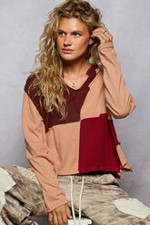 POL Color Block Notched Long Sleeve T-Shirt Burnt Coral OutfitFlow