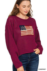 Zenana American Flag Crew Neck Sweater CABERNET OutfitFlow
