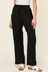 Double Take Full Size Texture Drawstring Straight Pants Black OutfitFlow