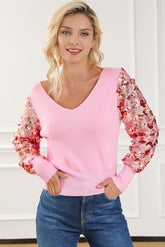 Sequin Long Sleeve V-Neck Sweater Carnation Pink OutfitFlow