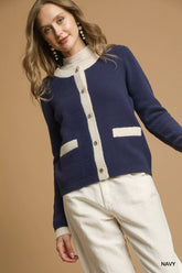 Umgee Two-Tone Button Front Cardigan NAVY OutfitFlow