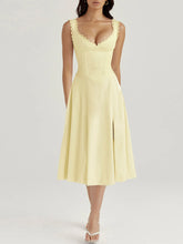 Scalloped V-Neck Midi Dress with Back Lace-Up Yellow OutfitFlow