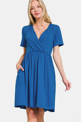 Zenana Surplice Short Sleeve Brushed DTY Dress Classic Blue OutfitFlow