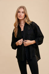 Annie Wear Openwork Button Down Drop Shoulder Shirt Black OutfitFlow