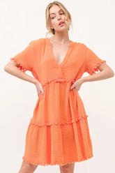 And The Why Washed Frayed Detail Tiered Dress Orange OutfitFlow