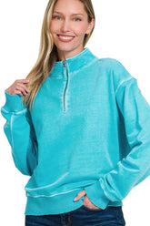 Zenana F/terry Pigment Dye & Enzyme Washing Half Zip Top ICE BLUE OutfitFlow