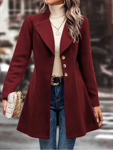 Collared Neck Button Up Long Sleeve Coat Burgundy OutfitFlow