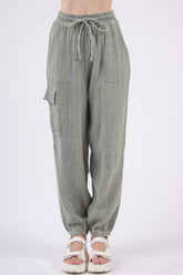 VERY J Washed Woven Crinkle Gauze Drawstring Pants Sage OutfitFlow
