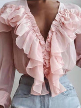 Ruffled V-Neck Long Sleeve Blouse Pink OutfitFlow
