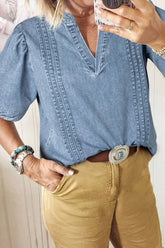 Casual Notched Puff Sleeve Denim Top Light Blue OutfitFlow