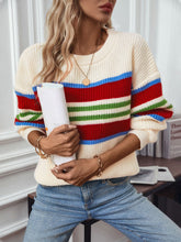Contrast Stripes Round Neck Long Sleeve Sweater Cream OutfitFlow
