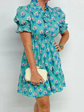 Floral Print Puff Sleeve Shirt Dress Turquoise OutfitFlow
