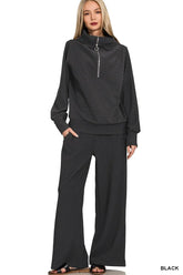 Zenana Ribbed High Neck Half Zip Pullover & Pants Set BLACK OutfitFlow