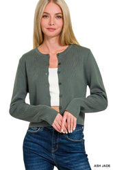 Zenana Button-Front Crewneck Long Sleeve Cropped Cardigan ASH JADE OutfitFlow