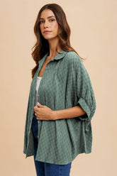 Annie Wear Checkered Button Up Half Sleeve Shirt Dark Sage OutfitFlow