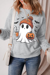 Ghost Round Neck Long Sleeve Sweatshirt Gray OutfitFlow