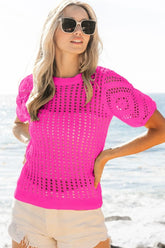 BiBi Crochet Lace Top With Puff Sleeves FUCHSIA OutfitFlow